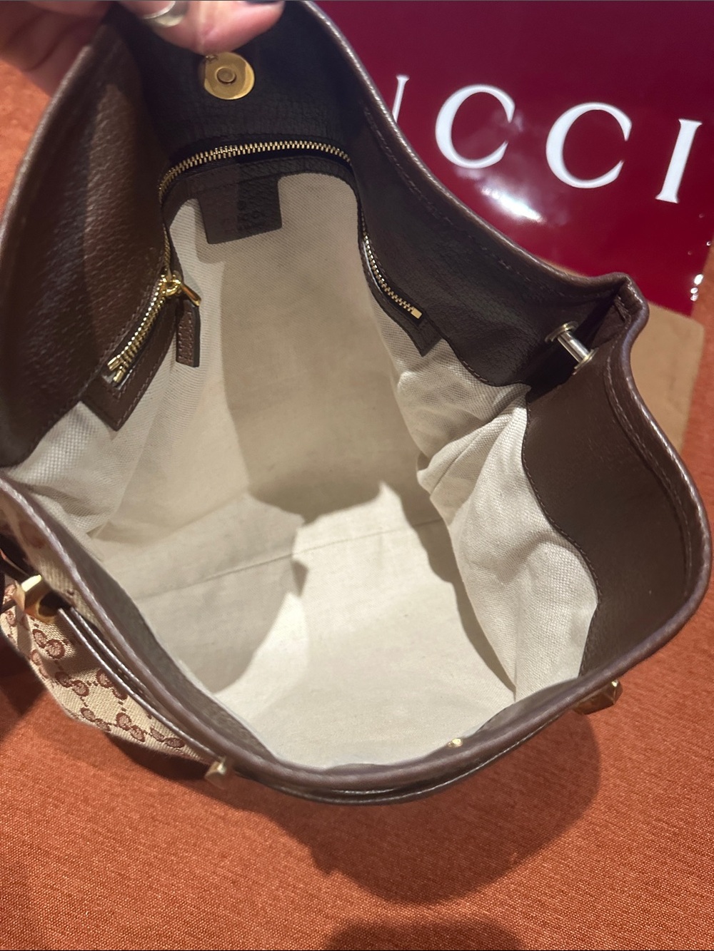 Authentic Gucci Beige & Brown GG Supreme Shoulder Bag with Gold Horsebit - Picture 15 of 16